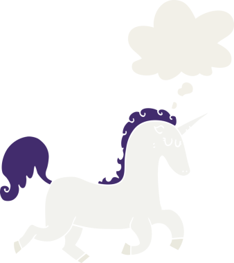 Düşünce baloncuğu olan tek boynuzlu at bir insan tarafından çizilmiş.