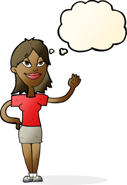 Bir insan tarafından çizilmiş düşünce baloncuğuyla el sallayan çizgi film kadını.