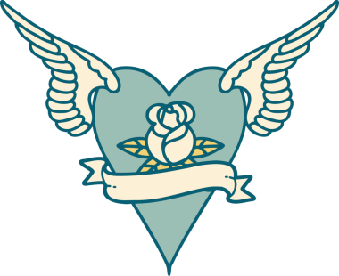 Bir insan tarafından çizilmiş çiçek ve bayrak ile uçan bir kalbin ikonik dövme görüntüsü