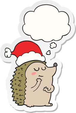 Düşünce baloncuklu Noel şapkası takan kirpi çizgi film karakteri bir insan tarafından çizilmiş çıkartma.