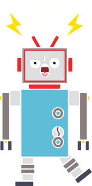 Bir insan tarafından çizilmiş bozuk bir robotun düz renkli retro karikatürü
