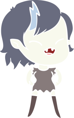 Bir insan tarafından çizilmiş düz renkli çizgi film gülen vampir kız.