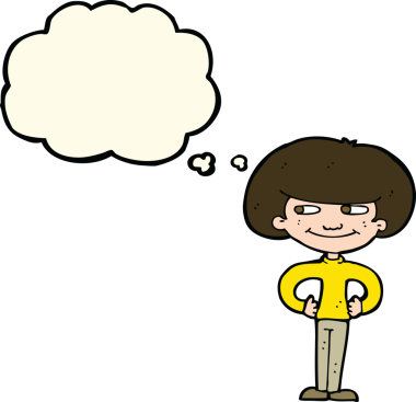 Çizgi film çocuğu, elleri kalçasında, düşünce baloncuğu çizen bir insan tarafından çizilmiş.