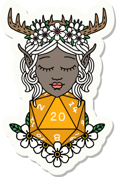 Bir insan tarafından çizilmiş nautral yirmilik zarlı bir Elf Druid karakterinin çıkartması.