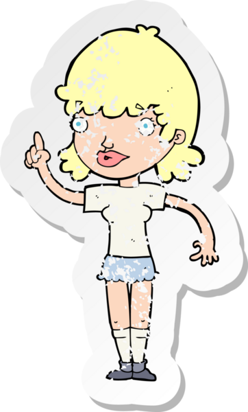 İnsan tarafından çizilmiş bir fikri olan karikatür bir kadının gerilimli retro yapıştırması.