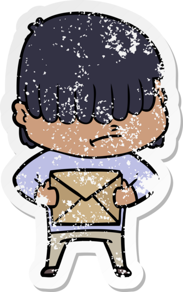 Bir insan tarafından çizilmiş dağınık saçlı bir çizgi film çocuğunun sıkıntılı çıkartması.