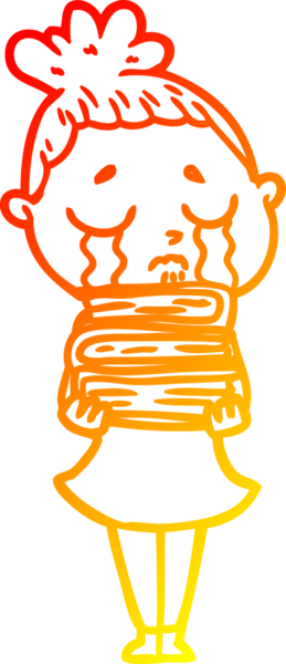 Bir insan tarafından çizilmiş kitap yığınıyla ağlayan bir karikatür çizimi.