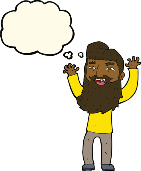 Çizgi film mutlu sakallı adam bir insan tarafından çizilmiş düşünce balonuyla kollarını sallıyor.