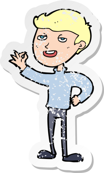 Bir insan tarafından çizilmiş mükemmel bir jest yapan karikatürcü bir adamın gerilimli retro yapıştırması.