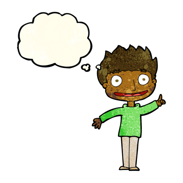 Bir insan tarafından çizilmiş düşünce balonu olan mutlu çocuk çizgi filmi.