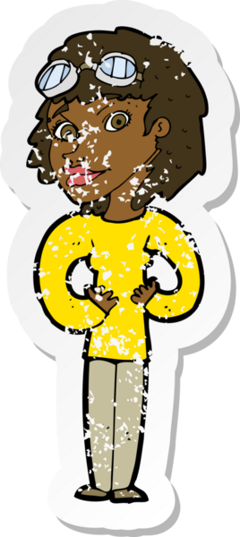 Bir insan tarafından çizilmiş karikatür havacı bir kadının gerilimli retro etiketi.