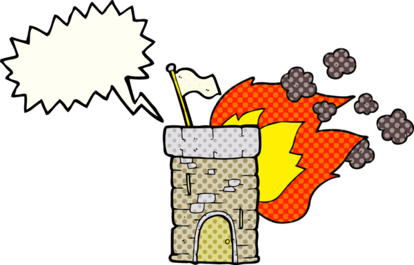 Bir insan tarafından çizilmiş el yazması çizgi roman konuşma balonu yanan kale kulesi.