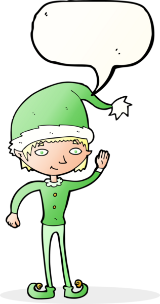 Bir insan tarafından çizilmiş bir konuşma balonuyla Noel elfini sallayan bir çizgi film.