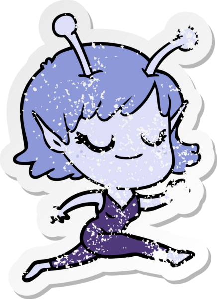 Bir insan tarafından çizilen gülümseyen uzaylı kız çizgi filminin sıkıntılı çıkartması.