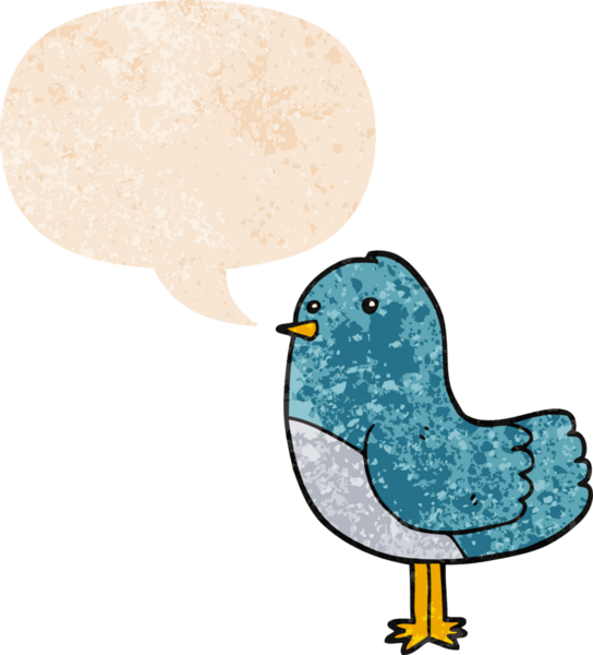 grunge 'da konuşma baloncuğu olan karikatür kuşu bir insan tarafından çizilmiş dertli retro tarzı
