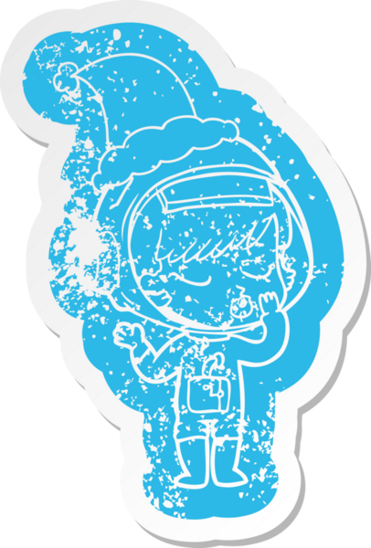 Bir insan tarafından çizilmiş Noel Baba şapkası giyen güzel bir astronot kızın garip bir karikatürü.