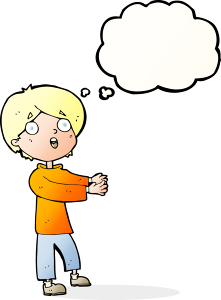 Bir insan tarafından çizilmiş düşünce balonuyla şok olmuş bir çocuk.