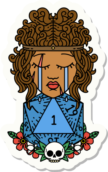 Bir insan tarafından çizilmiş doğal bir d20 rulo ile ağlayan bir insan barbarının çıkartması.