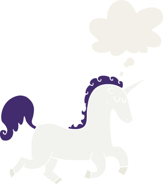 Düşünce baloncuğu olan tek boynuzlu at bir insan tarafından çizilmiş.