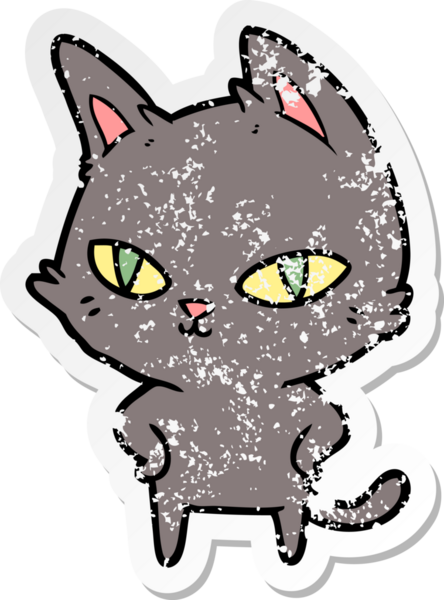 Bir insan tarafından çizilmiş parlak gözlü çizgi film kedisinin sıkıntılı çıkartması.