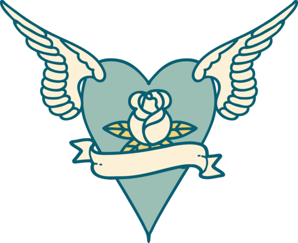 Bir insan tarafından çizilmiş çiçek ve bayrak ile uçan bir kalbin ikonik dövme görüntüsü