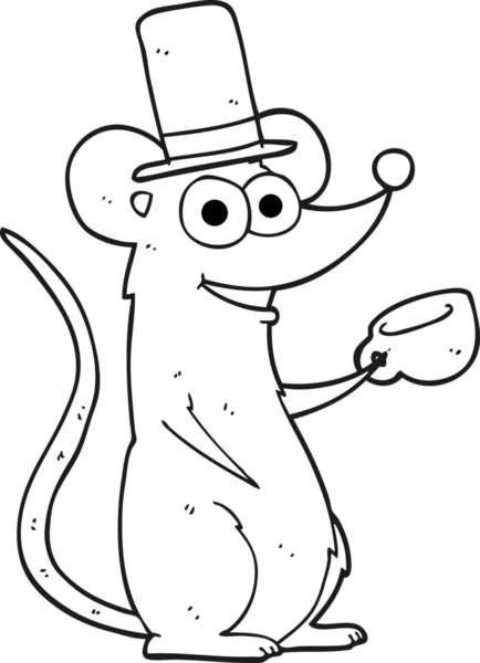 Bir insan tarafından çizilmiş fincanlı siyah beyaz çizgi film faresi.