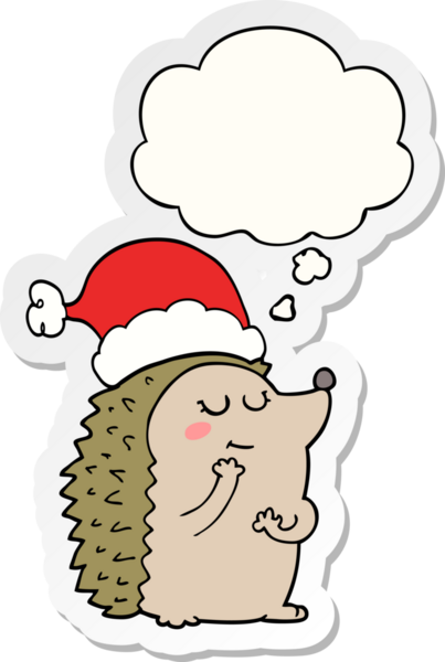 Düşünce baloncuklu Noel şapkası takan kirpi çizgi film karakteri bir insan tarafından çizilmiş çıkartma.