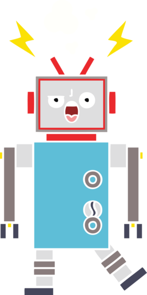 Bir insan tarafından çizilmiş bozuk bir robotun düz renkli retro karikatürü