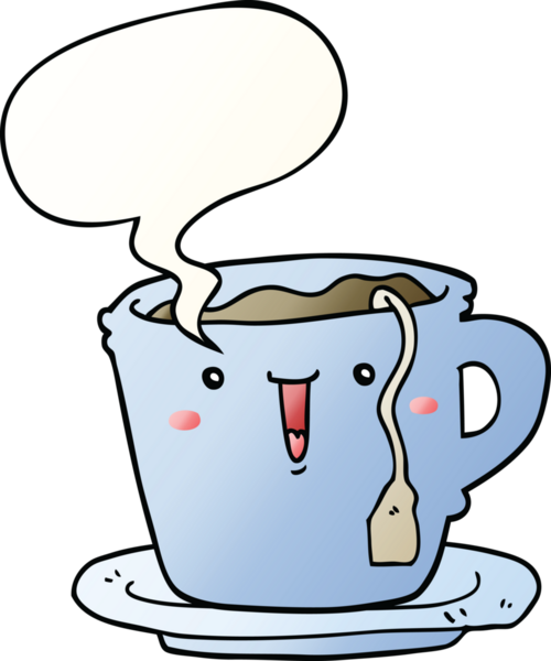 Bir insan tarafından çizilmiş tatlı bir çizgi film fincanı ve konuşma baloncuğu olan bir tabak.