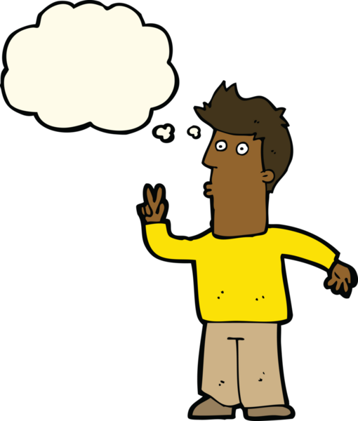 Bir insan tarafından çizilmiş düşünce baloncuğuyla barış işareti yapan çizgi film adamı.