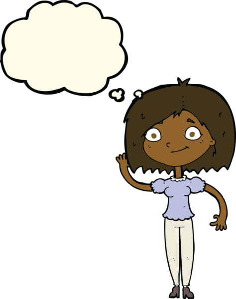 Bir insan tarafından çizilmiş düşünce baloncuğuyla el sallayan çizgi film kadını.