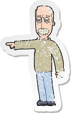 Bir karikatürün gerilimli çıkartması. Yaşlı bir adam el kol hareketi yapıyor. Bir insan tarafından çizilmiş.