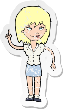 İnsan tarafından çizilmiş bir fikri olan karikatür bir kadının gerilimli retro yapıştırması.