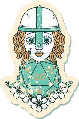 Bir insan dövüşçüsünün grunge sticker 'ı. Bir insan tarafından çizilmiş 20 D20 zarlı.