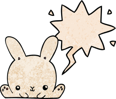Konuşma baloncuklu çizgi film tavşanı insan tarafından çizilmiş.