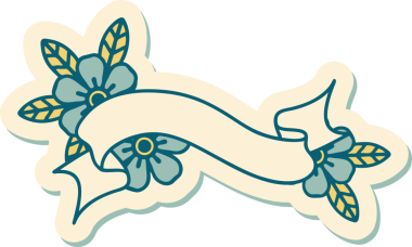 Geleneksel dövme stili bir pankart ve insan tarafından çizilmiş çiçekler.