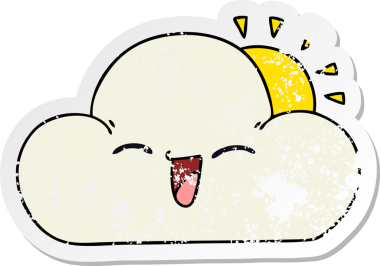 Çizgi film güneşi ve bir insan tarafından çizilmiş mutlu bir bulut.