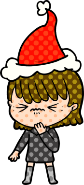 Bir insan tarafından çizilmiş Noel Baba şapkası giyen bir kızın el çizimi çizgi roman tasviri.