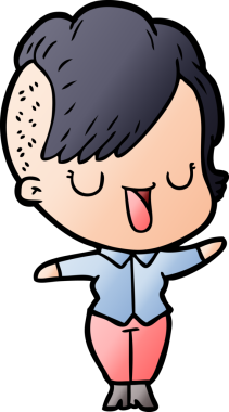 Bir insan tarafından çizilmiş hippi saç kesimli sevimli bir çizgi film kızı.