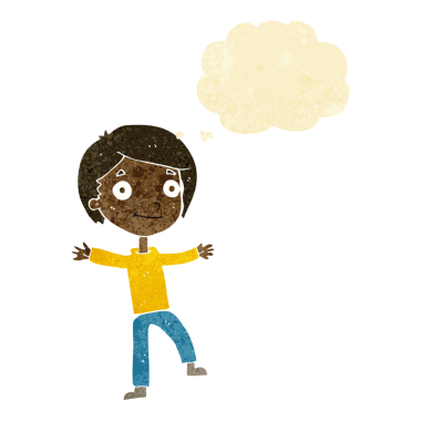 Bir insan tarafından çizilmiş düşünce baloncuğu olan heyecanlı çocuk.