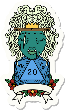 Bir insan tarafından çizilmiş doğal 20 zarlı yarı ork barbar bir karakterin çıkartması.