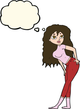 Bir insan tarafından çizilen düşünce baloncuğuna şaşırmış gibi görünen çekici bir kadın.