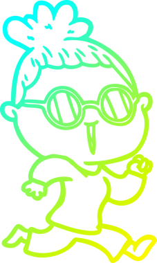 Bir insan tarafından çizilmiş gözlüklü, çizgi film koşucusu bir kadının soğuk gradyan çizimi