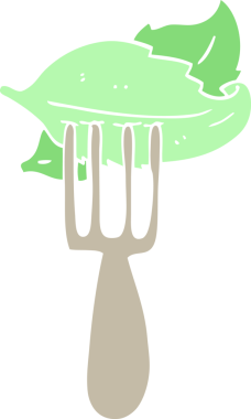 Bir insan tarafından çizilmiş çatalın üzerinde düz renkli salata yaprakları.