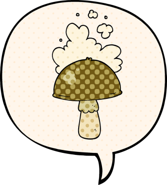 Spor bulutlu çizgi film mantarı. Bir insan tarafından çizilmiş çizgi roman tarzında konuşma balonu.