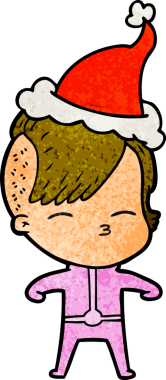 Bir insan tarafından çizilmiş fütüristik kıyafetler giyen ve Noel Baba şapkası takan bir kızın el çizimi karikatürü.