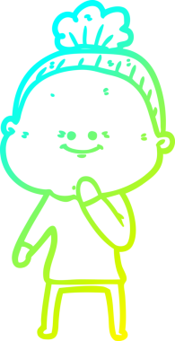 Bir insan tarafından çizilmiş, mutlu, yaşlı bir kadının çizimi.