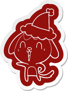 Bir insan tarafından çizilmiş Noel Baba şapkası takan bir köpeğin komik çizgi film çıkartması.