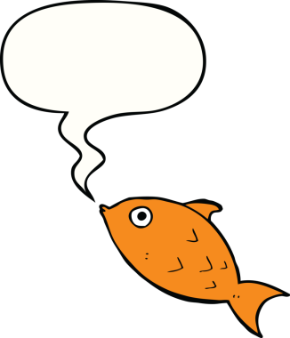 Bir insan tarafından çizilmiş konuşma balonlu çizgi film balığı.