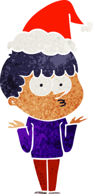 Bir insan tarafından çizilmiş Noel Baba şapkası giymiş meraklı bir çocuğun el çizimi karikatürü.